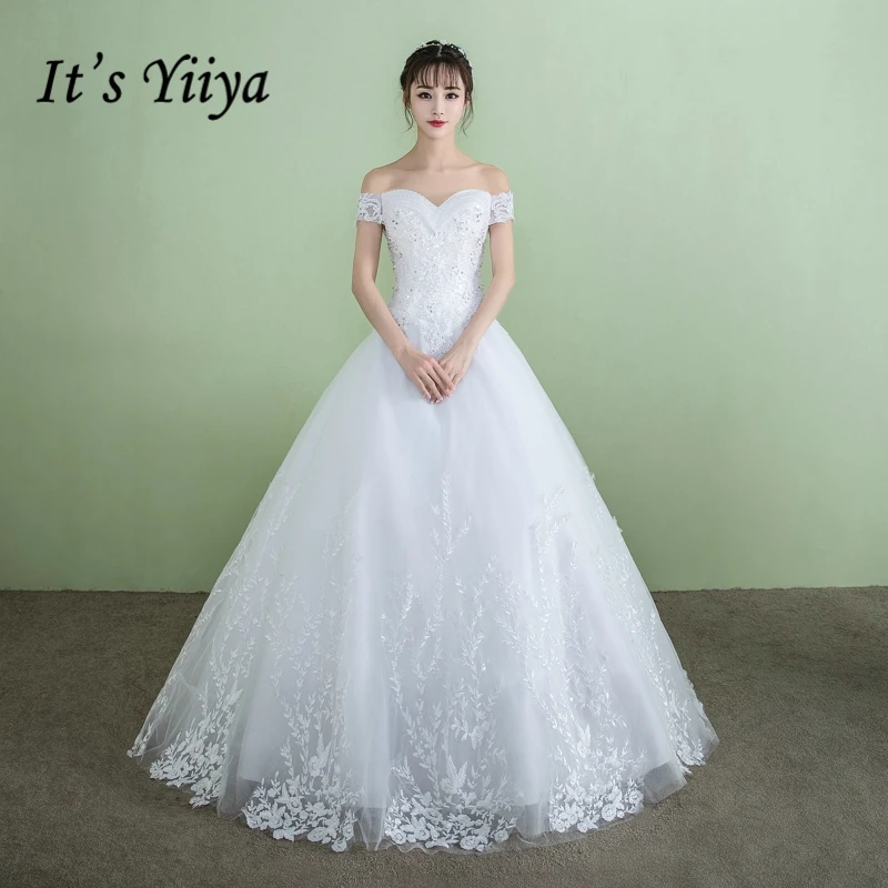 

It's YiiYa Off White Sleeveless Sweetheart Wedding Frock Embroidery Simple Pattern Crystal Sequined Quality Wedding Dress D314