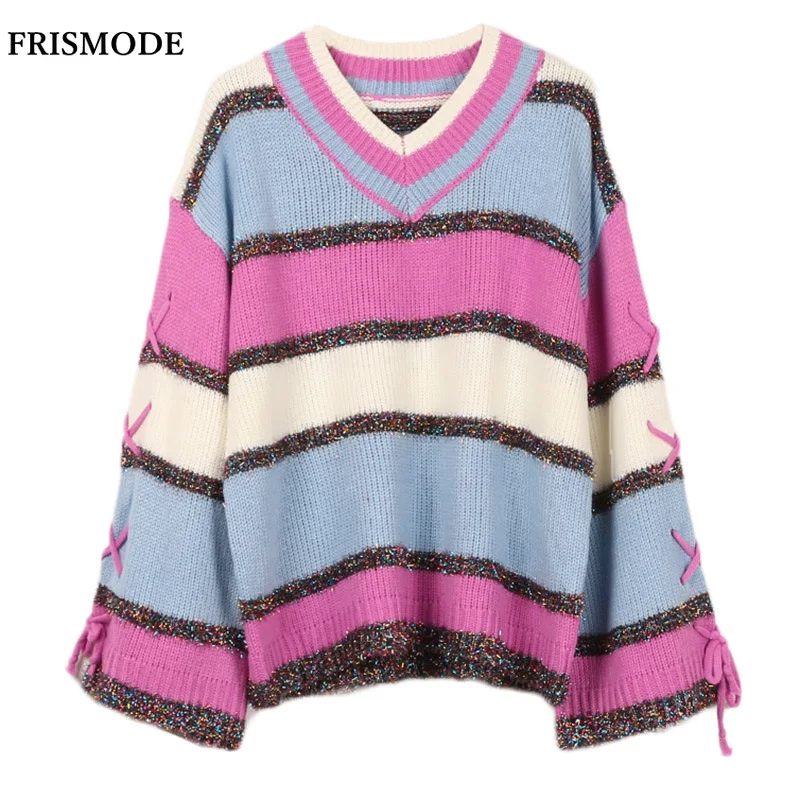 2019 new Autumn Winter Women's Knitted Sweater V-neck Long Sleeve Lace Up Striped Color Blocking Loose Casual Pullovers Sweaters | Женская
