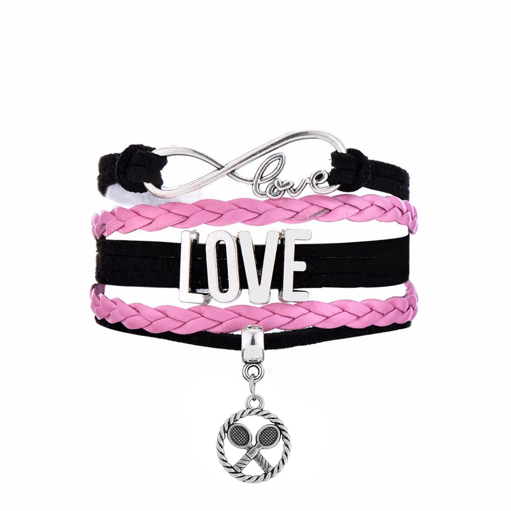 

Skyrim Infinity LOVE Connect With Badminton Racket Fitness Circle Charm Black Pink Multi-layer Braided Bracelet Men&Women