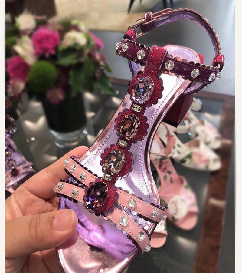 Women's Fashionable Flower T-strap High Heel Sandals Violet Bohemian Rhinestone Holiday Shoes