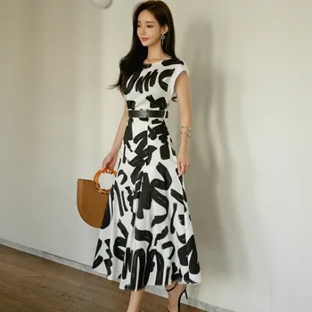 

Women Short Sleeve High Waist Belt A-Line Mid-Calf Long Swing Casual Print Dress