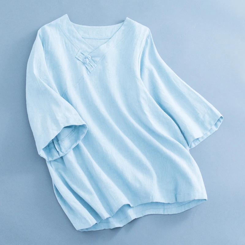 Сплошной цвет v-образный вырез пластина Кнопка короткий рукав футболки хлопок и лен жаккардовая футболка Женские футболки и блузки льняные