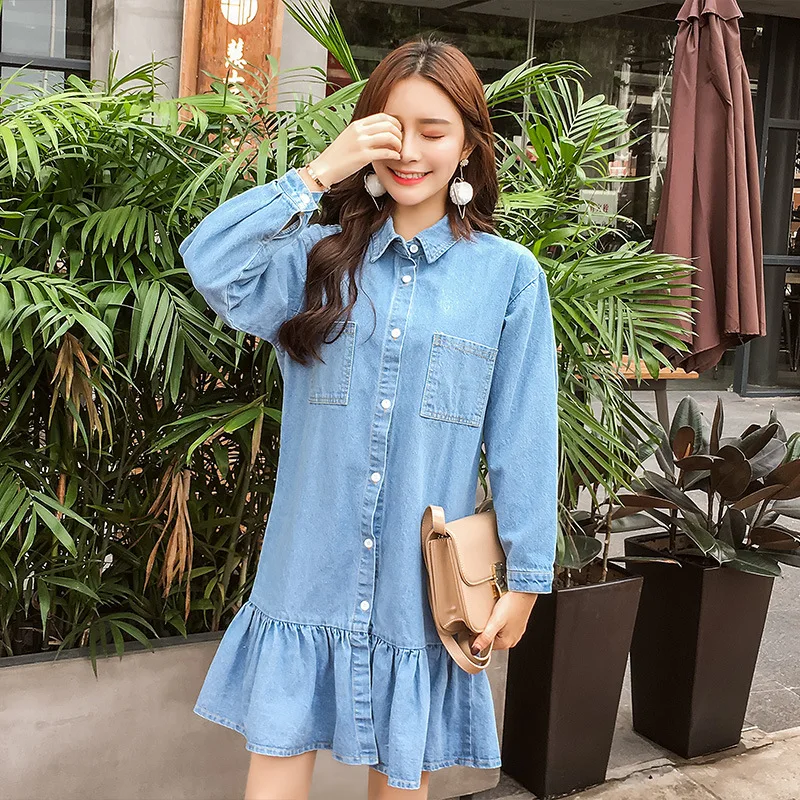 GPFDRL 2018 New Spring Autumn Dress Loose Denim Shirt Dress Buttons