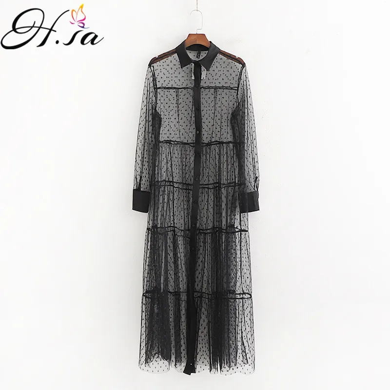 

H.SA Women Summer Mesh Long Dress Polka Dots Long Sleeve Hollow Out Sexy Vestidos Black See Through Beach Dress Ruffles Dress