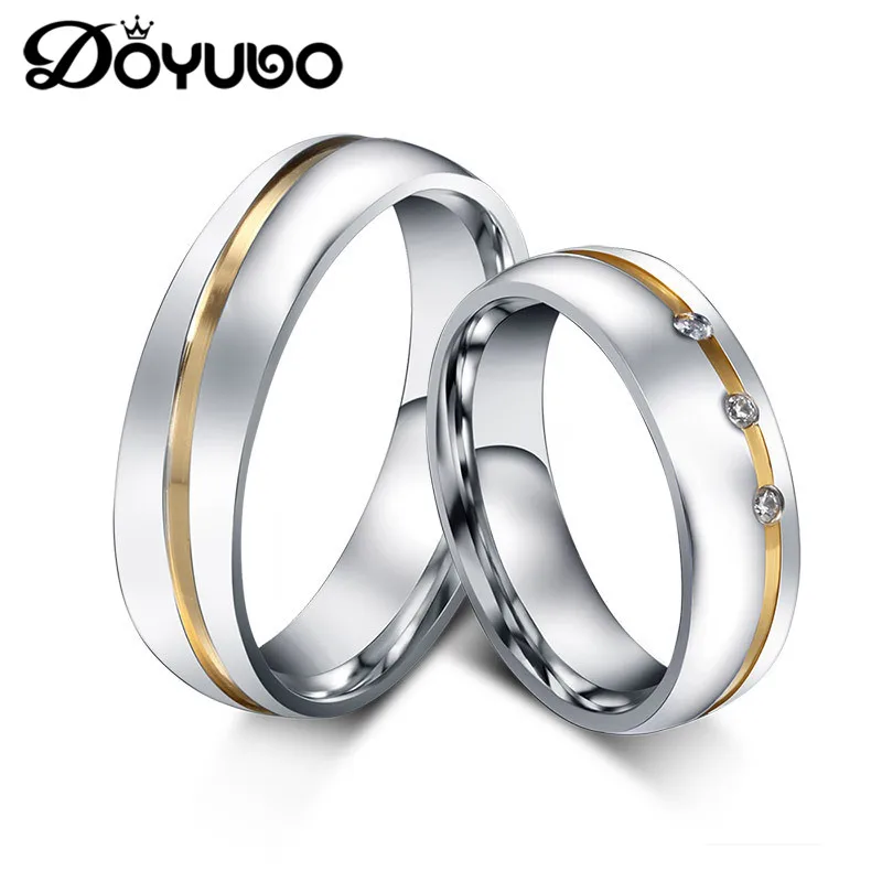 

DOYUBO Romantic 316L Stainless Steel Lovers Rings Silver&Gold Color Classical Couples Rings White CZ Wedding Ring Jewelry DF015