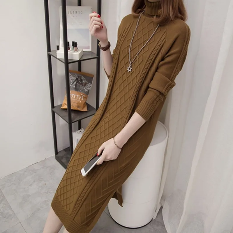 New Fashion Autumn Winter Women Knitting Middle Long Dresses Female Turtleneck Long Sleeve Warm Thick Dresses Pullovers F15 - Цвет: coffee