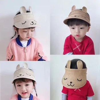 

Baby Boy Baby Girl Summer Outdoor Shade Straw Hat Children Shade Sunscreen Beach Straw Hat Rabbit Ears Embroidery Empty Top Hat