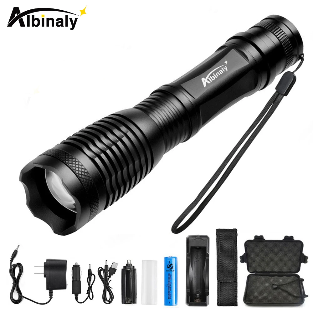 

Albinaly LED Tactical Flashlight CREE XML-T6/L2 8000 Lumens Porable Torch 5 Mode Adjustable Focus Waterproof use 18650 battery