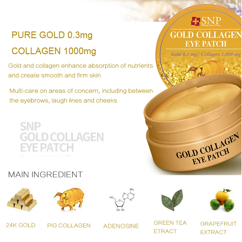 SNP Gold Collagen Eye Patch 60 PCS 0.3mg Gold 1000mg Hydrolyzed Collagen Plant Extract Moisturizing Anti Wrinkle Eye Masks