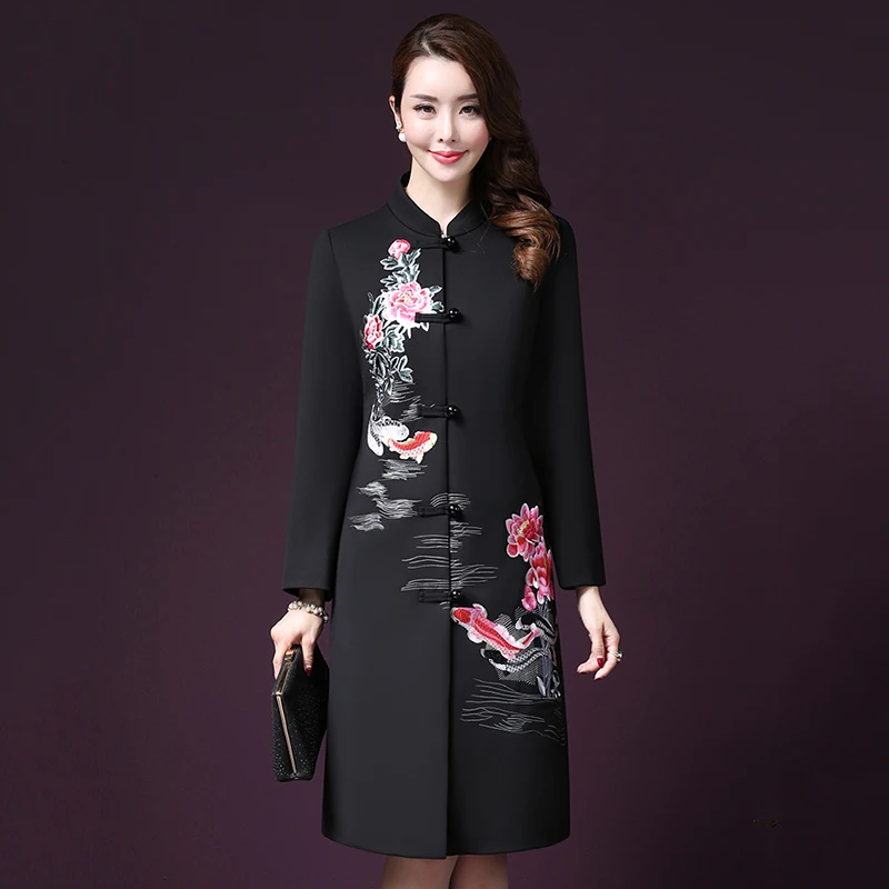 Vintage Embroidered Flowers Wool Coat Women 2018 Autumn winter New Elegant Single Breasted Plus Size 5XL lady Wool Coat LF765