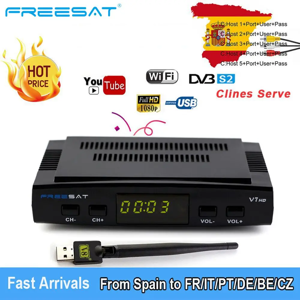 

Freesat V7 HD Full HD DVB-S2 Satellite Receiver 1 Year Europe Cccam Cline H.264 1080P Support PowerVu,DRE & Biss key Receptor