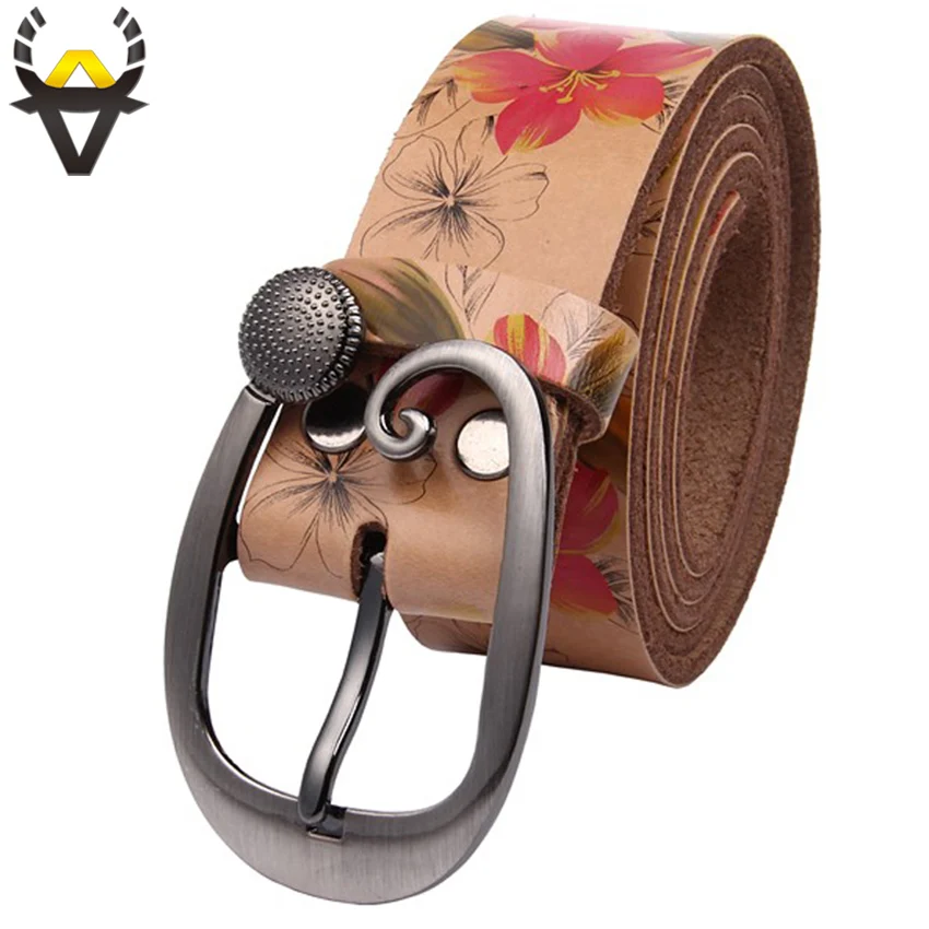 

Fashion Genuine leather woman belt Pretty Floral strap for women jeans Wide Pin buckle female belts High quality second Cowskin