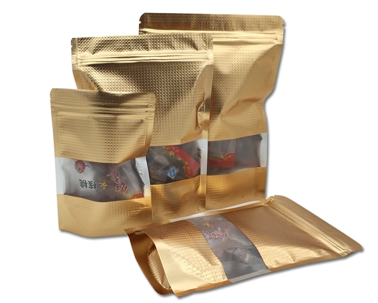 

100Pcs/Lot 12*20cm Golden Stand Up Aluminum Foil Lines With Clear Window Zipper Top Pack Bag Coffee Storage Valve Package Bag
