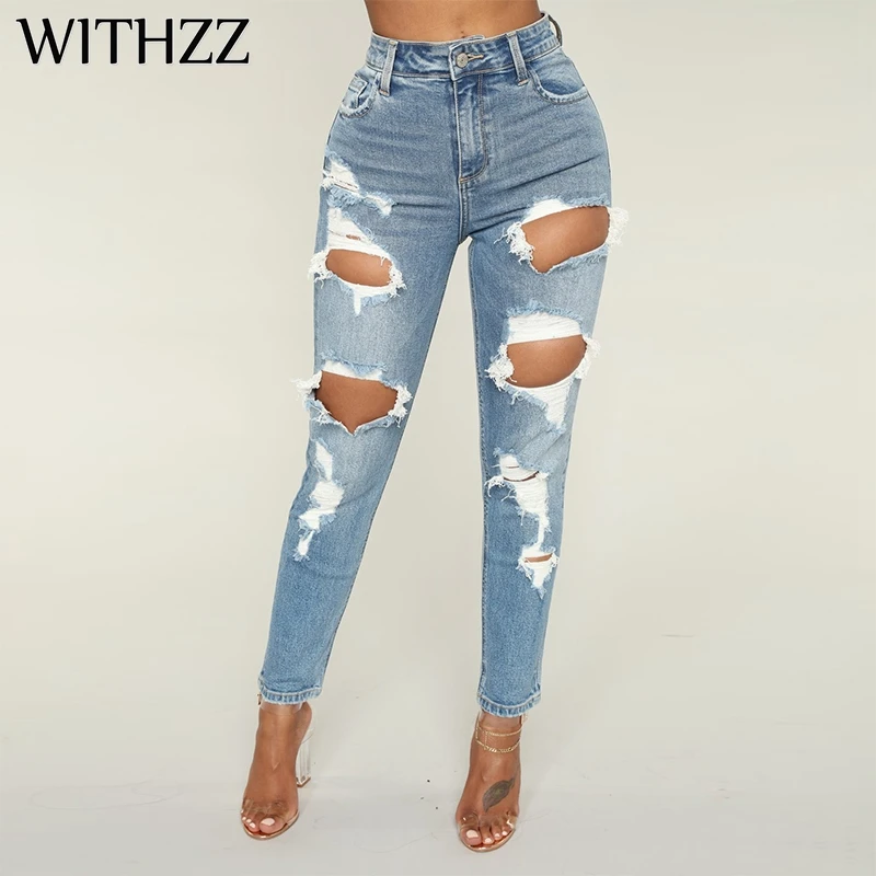 WITHZZ отверстие тонкий отверстие джинсовые узкие штаны из хлопка Глория джинсы для женщин штаны бриджи Комбинезоны Винтаж женские рваные брюки