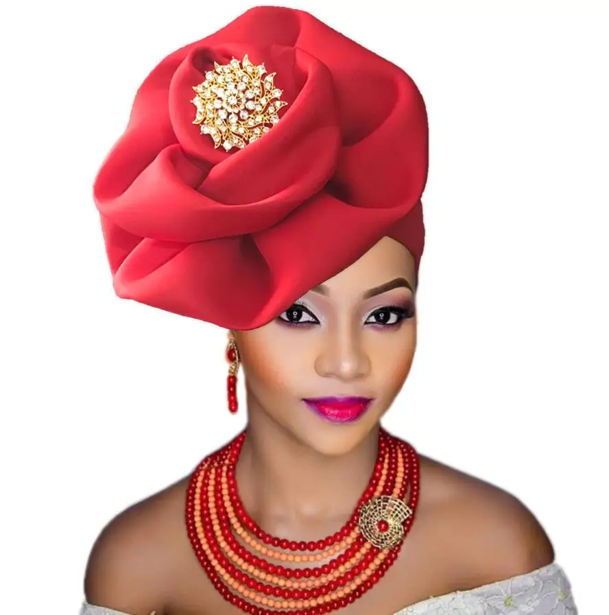

2018 new arrival aso oke gele with beads women auto gele in fabric for wedding