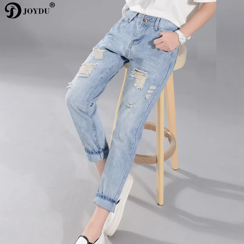 

JOYDU Hole Ripped Jeans For Women Washed Blue Streetwear Plus Size Denim Boyfriend Edging Cool Vintage Retro Jeans Female 2017