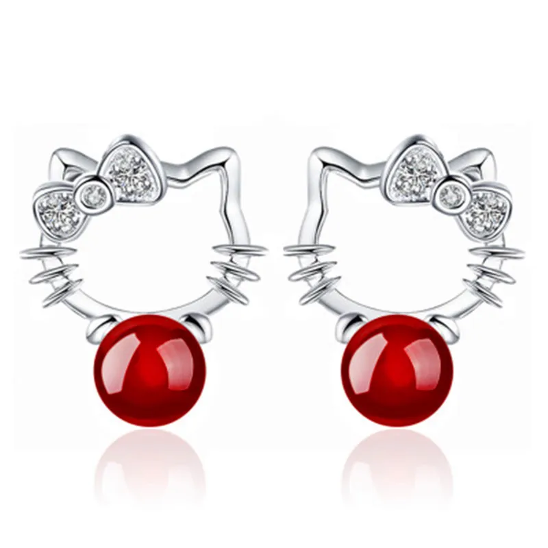 

Crystal Red Ball Stud Earrings for Hello Kitty Women Mini Cute Cat Copper Plated Silver EarRing Korean Gift Wedding Jewelry