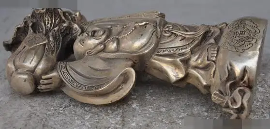 

S0913 8"china buddhism silver Cabbage wealth money bag happy Maitreya Buddha statue