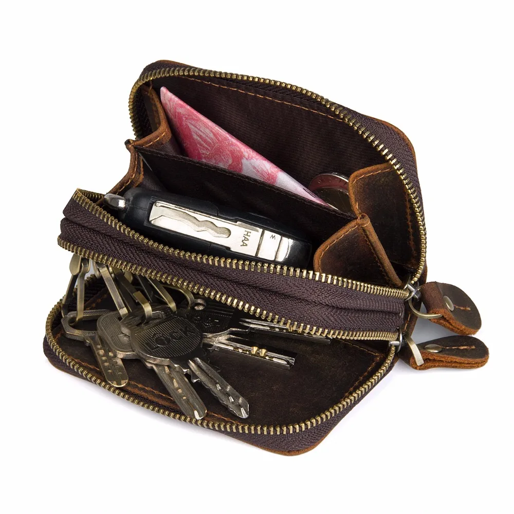 

J.M.D Short Coin Pocket Wallet With Interior Key Chain Holder Crazy Horese Leather Card Holder Case For Unisex 8185R