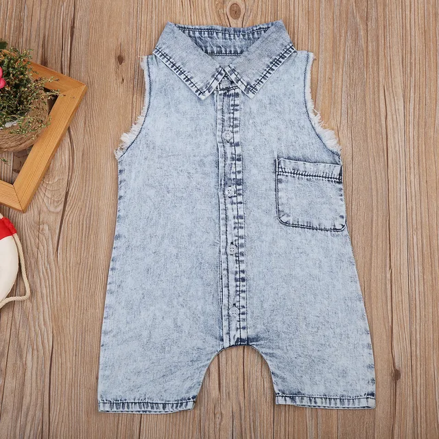 Newborn Baby Boys Infant Denim Jeans One Piece Pocket Romper Infant