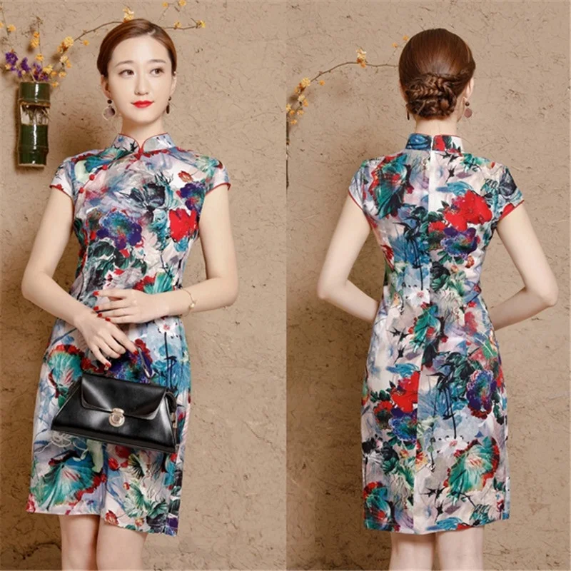 Women Linen Cotton Shanghai Plus Size Cheongsam Qipao Dresses XXXL 4XL 5XL Summer Short Chinese Traditional Printing Elegant  (29)