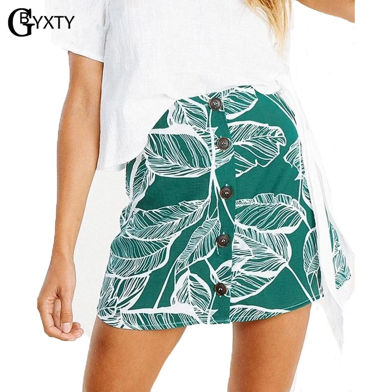 

GBYXTY Leaf Print Summer Beach Boho Skirt Women Vintage Single Button A-Line Skirt Female Casual Short Mini Skirt saia ZA550