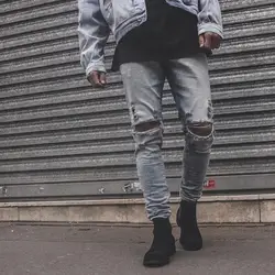 Новинка в стиле хип-хоп Высококачественные штаны в Корейском стиле Мужская одежда для бега модные джинсовые комбинезон Тощий уничтожены