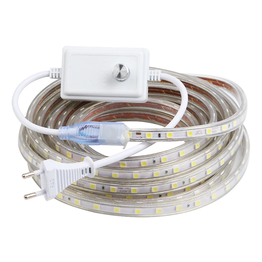 

DC 12V Led Strip 220V Dimmable 5050 AC 220V Led Light Strip Tape Waterproof Warm White 1M 5M 10M 15M 20M 60leds/m living Room