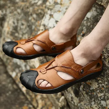 

Genuine Leather Summer Soft Male Sandals Slip on Shoes For Men Breathable Beach Casual Quality Walking Sandal Size 38-46