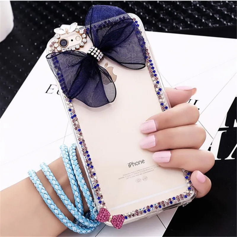 

For iPhone 6 6S 7 8 Plus X XS MAX XR Fashion Glitter Cute Lace Bow Diamond Crystal Rhinestone Phone Case Soft Back Cover DIY