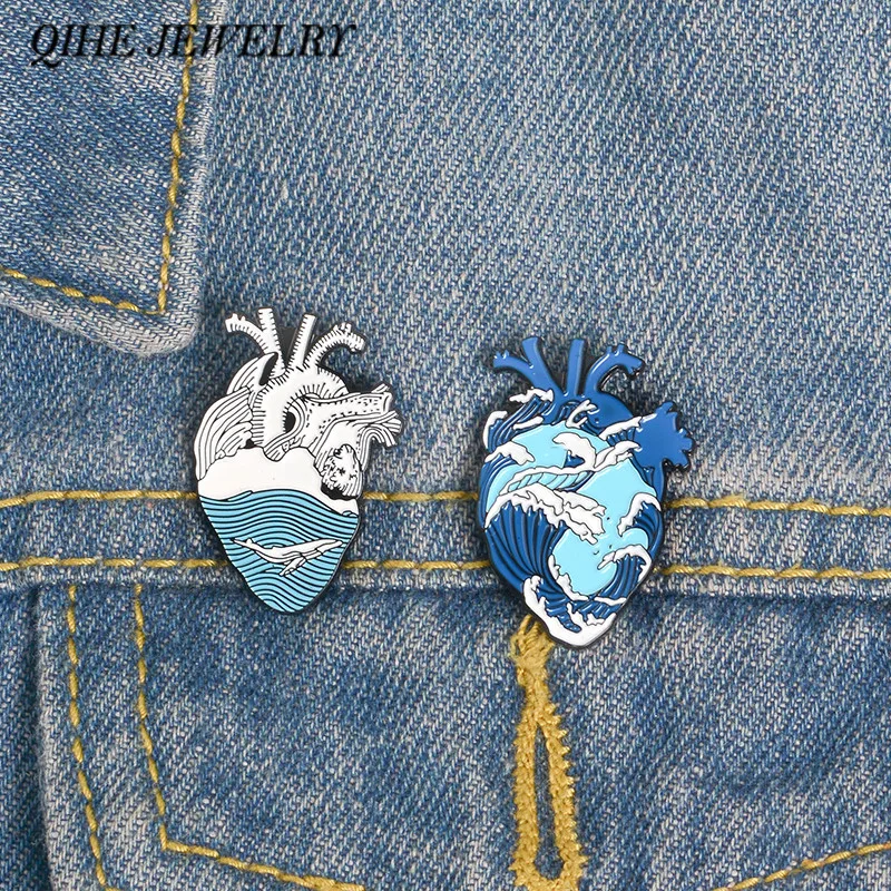 

QIHE JEWELRY Ocean Wave and Whale Pin Blue Human Heart Lapel pins Anatomical Heart Enamel pin Heart Anatomy Badges