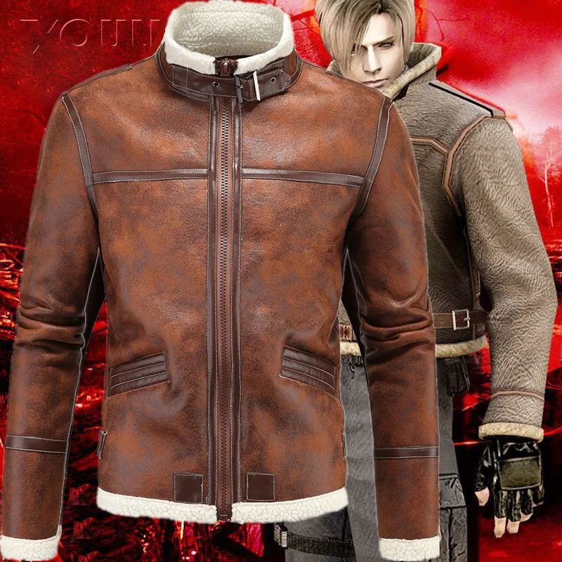 Cosplay Resident Evil with the Same Coat PU Leather Jacket Long-sleeve Winter Outerwear Coats Men Brown Faux Leather Coat Cosplay Resident Evil with the Same Coat PU Leather Jacket Long-sleeve Winter Outerwear Coats Men Brown Faux Leather Coat