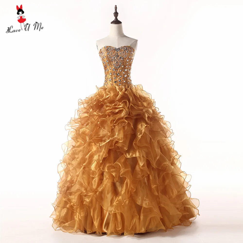 

Sweet 16 Dresses Cheap Quinceanera Gowns Gold Dresses 2018 Vestido de 15 Anos Debutanta Ball Gowns Puffy Ruffles Rhinestones