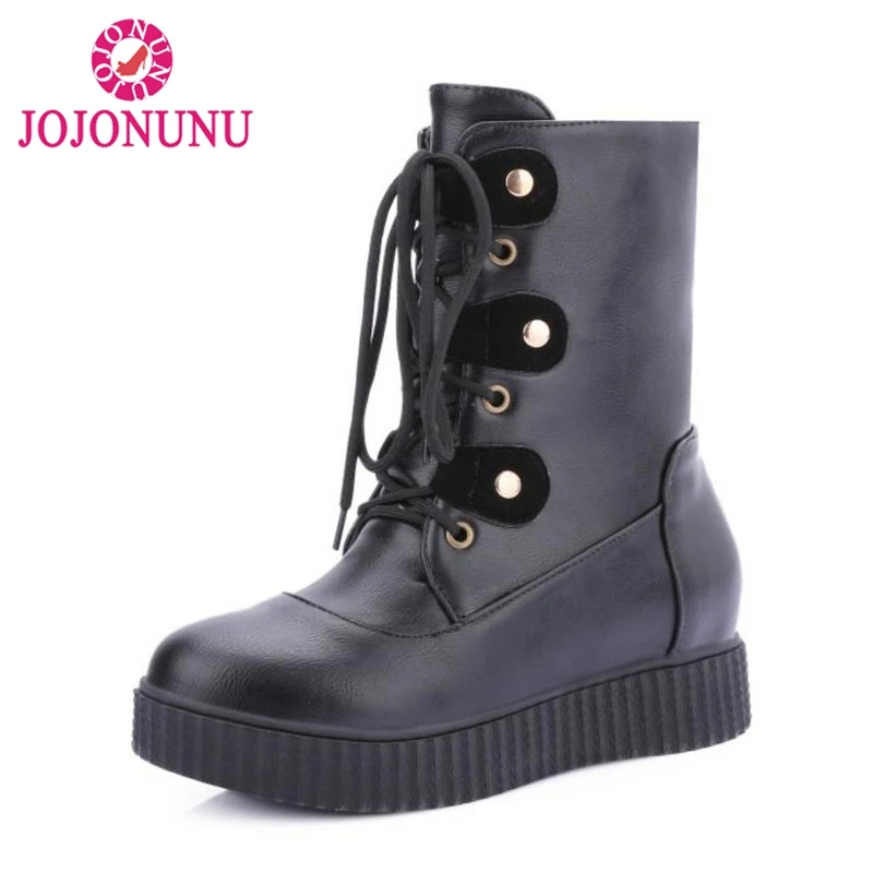

FITWEE Women Boots Platform Lace Up Mid Calf Boots Inside Heels Short Boots Fashion Women'S Shoes Winter Boots Size 34-43