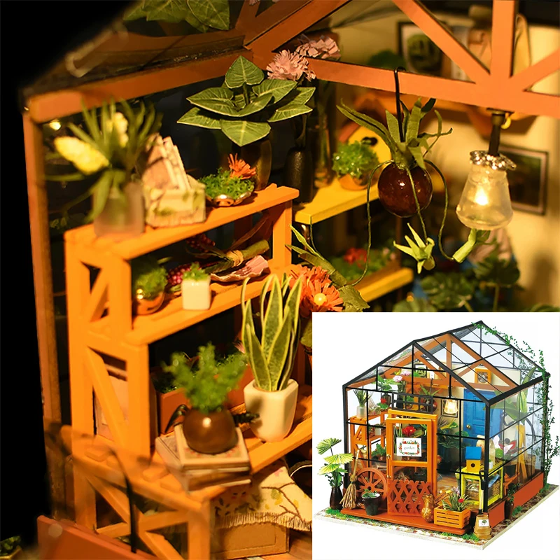 DIY Деревянный Цветочный домик Миниатюрный Кукольный домик 3D светодиодный мини кукольный домик набор с мебельным набором светильник креативный Рождественский подарок