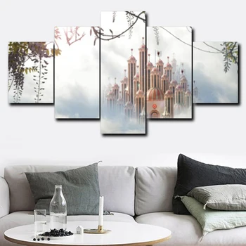 

5 Panel Fantasy Fairy Tale Posters and Prints Castel Wall Artwork Canvas Painting Living Room Home Decor