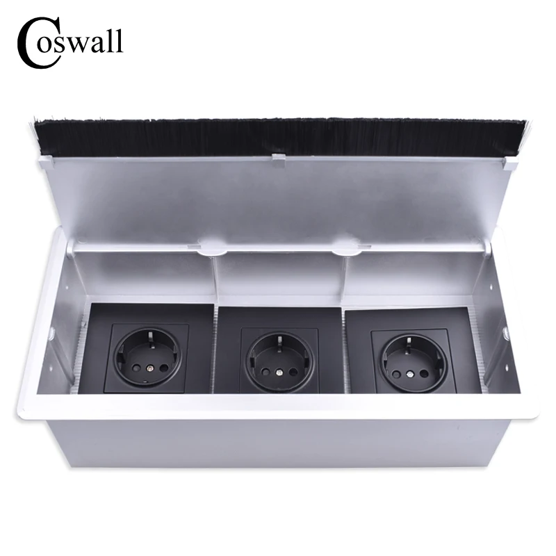 

COSWALL Silver PC Table Mounting Box with Triple EU Power Outlet Table Desktop Office Socket With Dustproof Brush