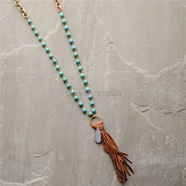 N15060302 Rosary Chain Necklace Gold Chain Knot Leather Tassel with