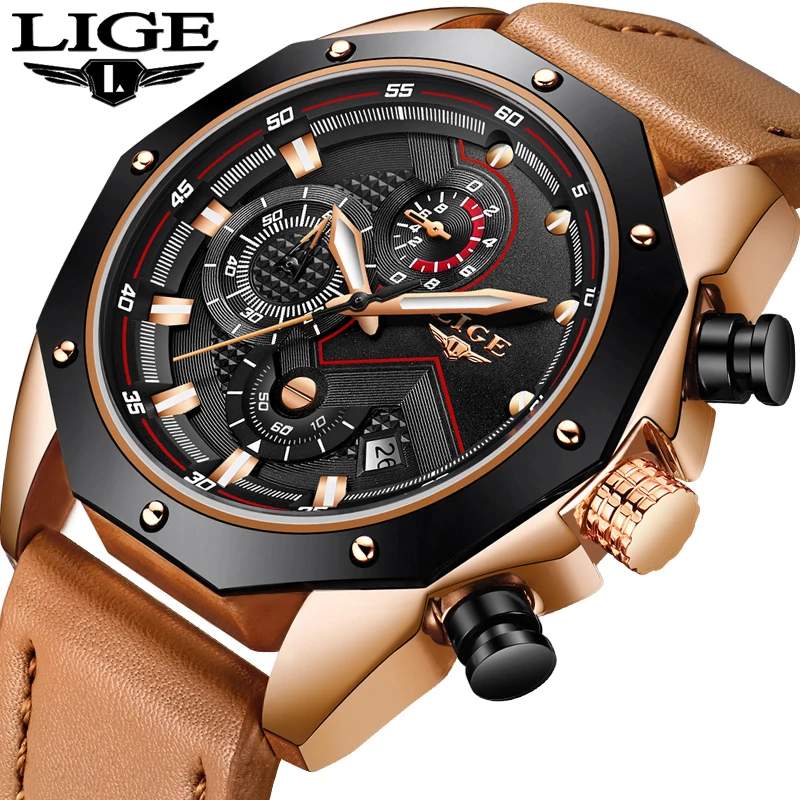 

LIGE Men Watches Fashion Chronograph Luxury Leather Quartz Watch Men Military Waterproof Sport WristWatch Male Relogio Masculino