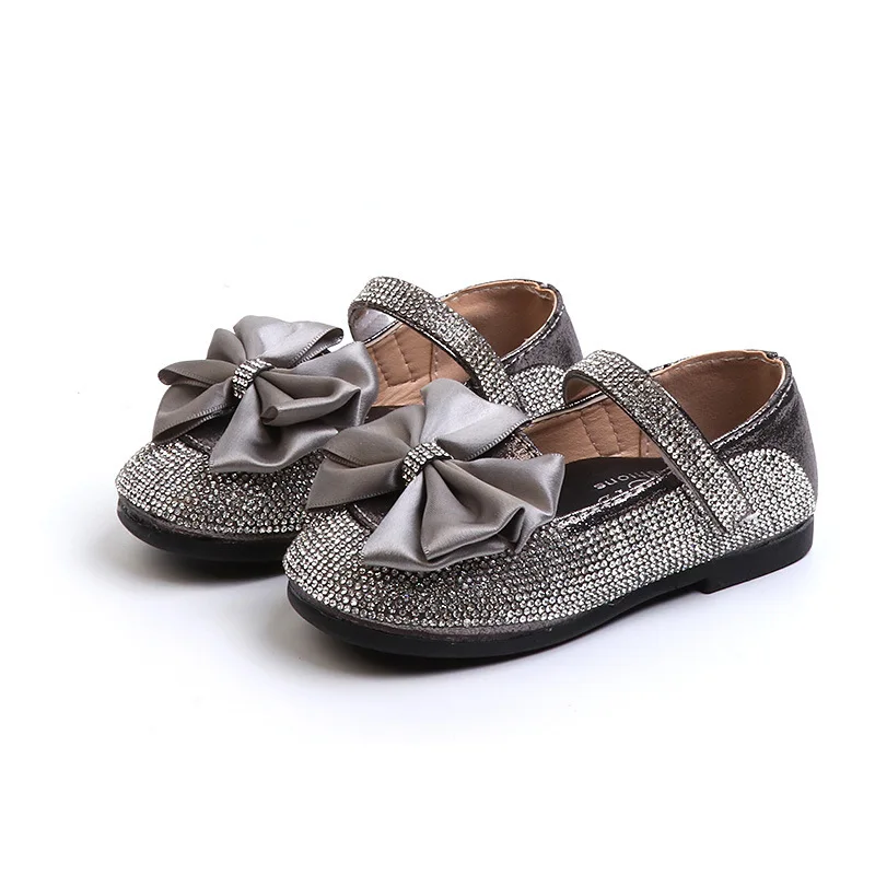 

JGSHOWKITO Girls Bow-knot Shoes Kids Leather Shoes With Rhinestone Mary Jane Princess Bling Flats For Toddler Medium Girl Sweet
