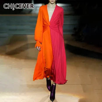 

CHICEVER Patchwork Hit Colors Women's Dresses V Neck Lantern Sleeve High Waist Cross Draped Hem Ankle Length Dress Female Summer