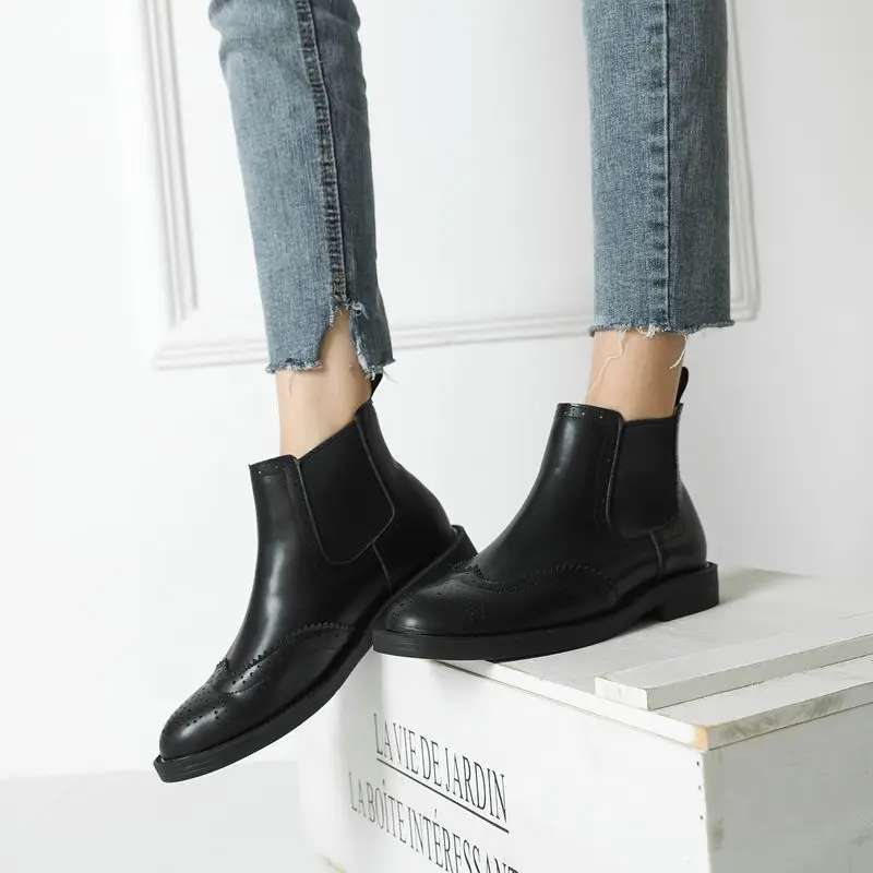 

Women's leather belt buckle ankle boots kitten heel Oxford boots side zipper casual shoes carved flat low to help women's boots
