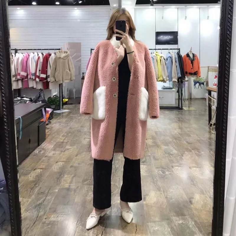 Для женщин одежда шерсть куртка Овцы пальто с мехом длинная парка с воротником «Мандарин», в Корейском стиле, пальто заниженной относительно фактической цене Толстая теплая куртка