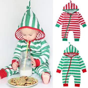 

New Baby Girl Boy Casual Long Sleeve Stripe Romper Clothes Xmas Infant Baby Kids Boy Girl Romper Hooded Jumpsuit Outfit Clothes