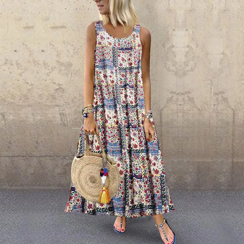 

2019 Summer Sundress Women Beach Dress Plus Size Linen Casual Loose Sleeveless Nationsl Style Print Long Maxi Dress L528