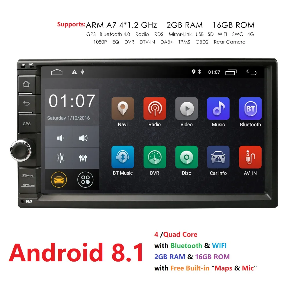 7 inch Android 8.1 Quad Core 2 din Universal Car DVD Player For 4G WiFi Bluetooth GPS Navigation Radio 1024*600 BT | Автомобили и