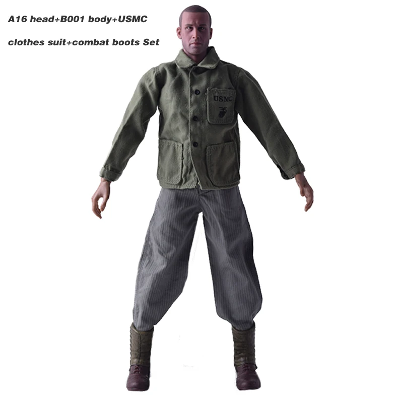

1:6th Muscular Body B001+WWII USMC Clothes Uniform+Head 1/6 Male Head Sculpt A-16+American Rangers armored combat boots Set