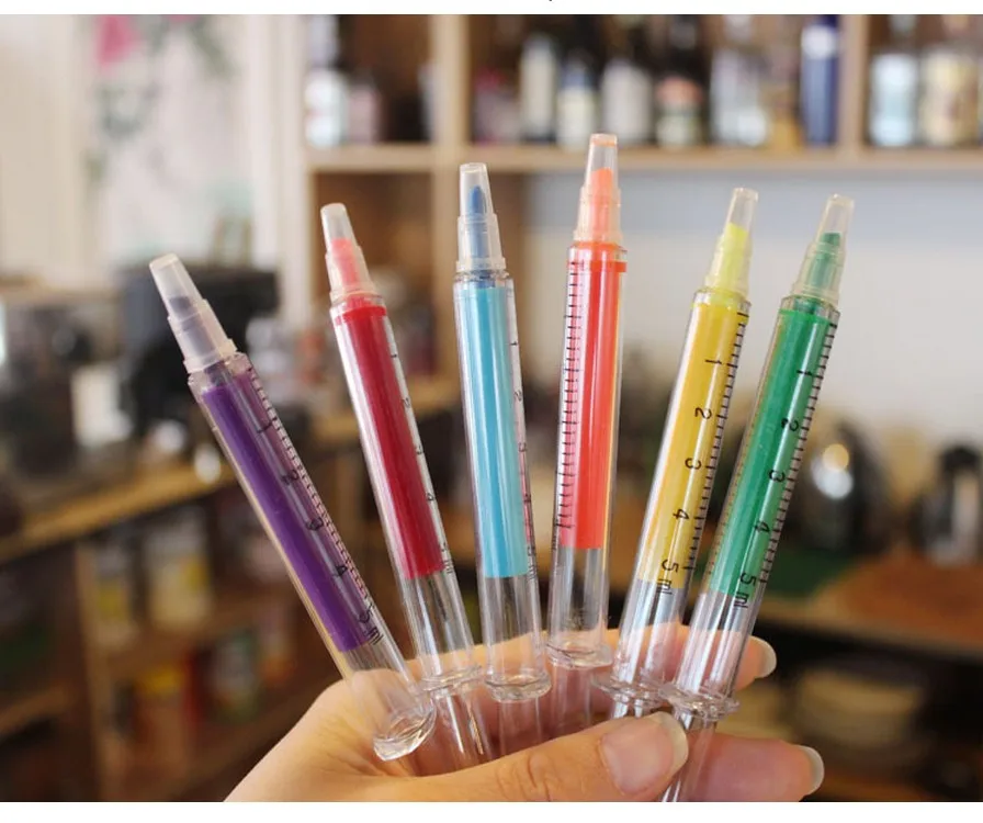 

6 pcs/lot Fluorescent Syringe Kawaii Watercolor Pens Needle Tube Highlighters Marker Luminescent Pen Stationery School Supplies