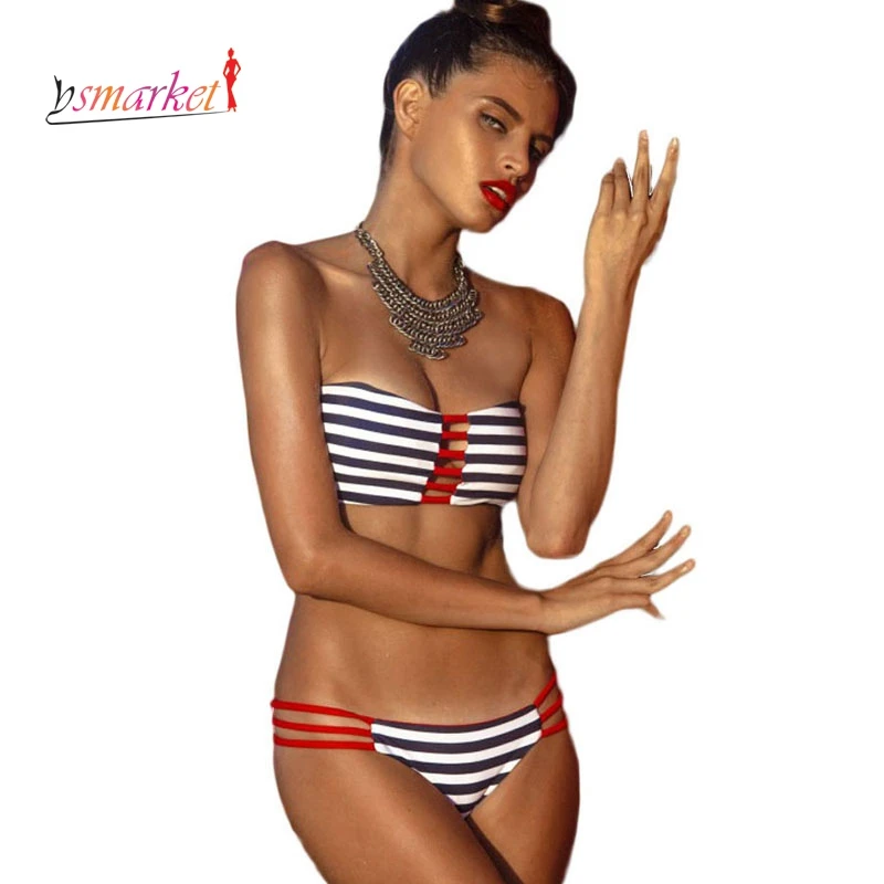 

2016 Women Bandeau Swimsuit Sexy Push Up Bikini Set Reversible Print Swimwear Brazilian Strapless Padded Bra Beach Bathing Suits