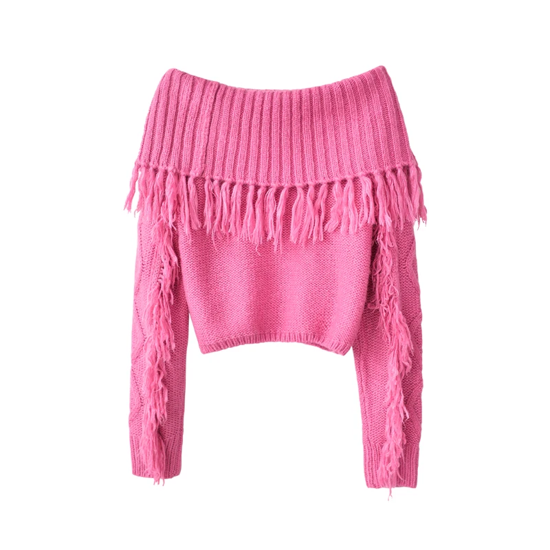 Dabuwawa Rose Pink boat neck Tassels Sweet Sweater Winter 2018 New Women Fashion Lapel Loose Short Thick Sweater Top